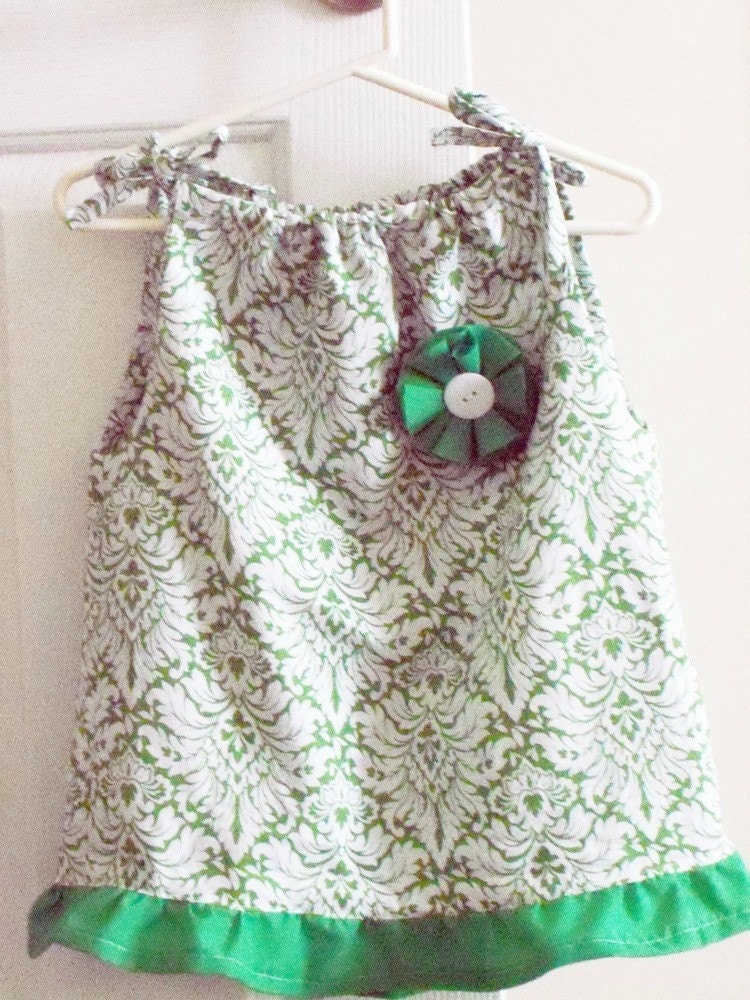 Reserved for Amy Green and White Damask Emma Pillowcase Dress (12-24 months/Ready to Ship)