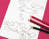 Printable colouring page - lovebirds, hearts, branch 2 - downloadable PDF