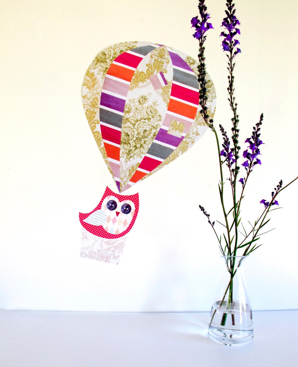 Owl in a hot air balloon decals - reuseable wall sticker,  wall art set