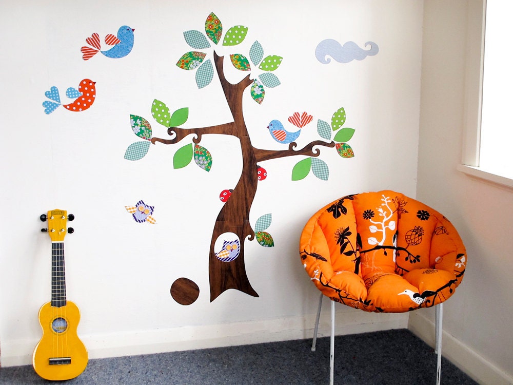 Tree Community magnetic wallscape - bright owls, birds, ladybug, tree wall art