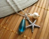 Starfish Necklace Teal Blue Green Sea Glass Jewelry Beach Cluster Necklace in Teal