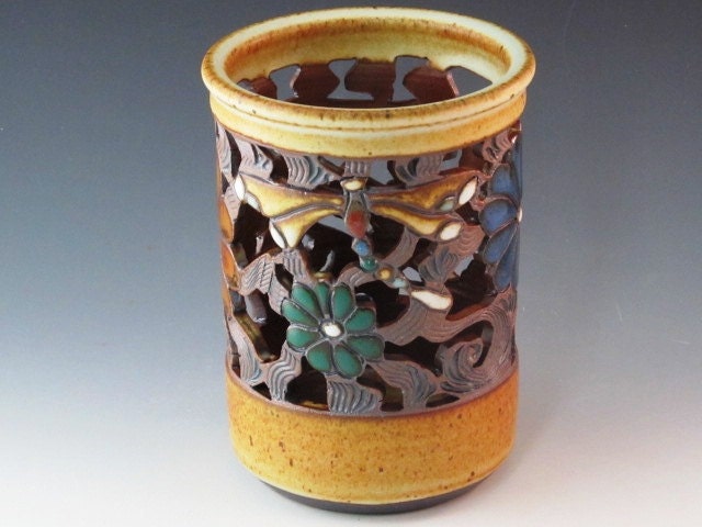 Vase/Luminair/Orchid Pot With Dragonflies, Flowers, And Swirl Design
