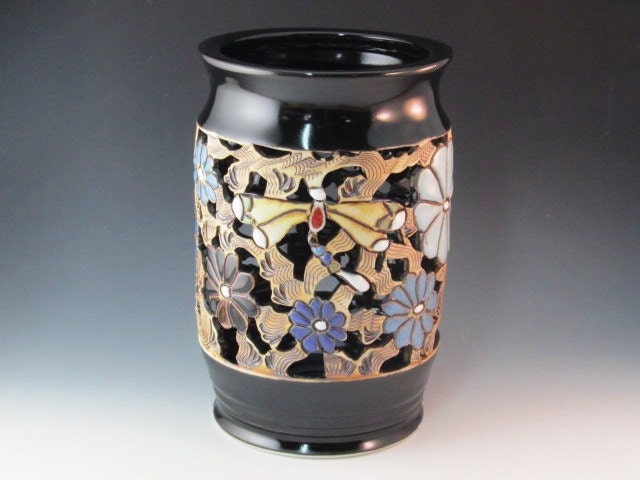 Vase With Outstanding Black Glaze With Dragonflies, Flowers, And Swirl Design