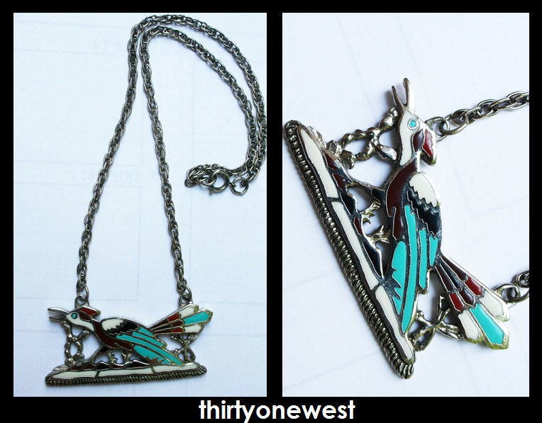 Vtg 70s Prairie Girl Sparrow Bird Turquoise Necklace