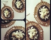 SALE Vtg 70s Style Butterfly Floral Cameo Gold Shabby Chic Earrings