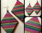 Vtg 80s Style Black Geometric Rainbow Neon Stitched Costume Earrings