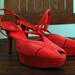 Vintage Charles David Red Suede Ankle Strap Platform Peeptoe Heels