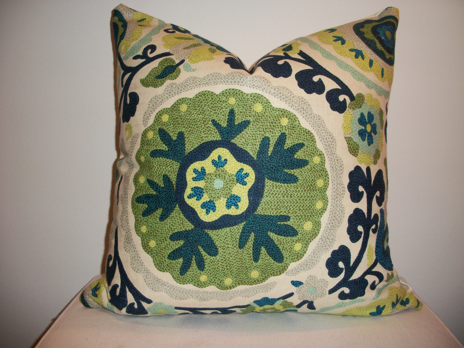18 x 18 Blue and Green Suzani Floral Designer Pillow Cover - Decorative Throw Pillow
