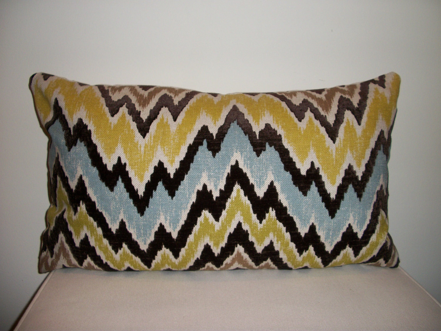 13 x 22 Brown, Blue and Citrus Yellow Chevron Ikat Designer Pillow Cover - Decorative Throw Pillow