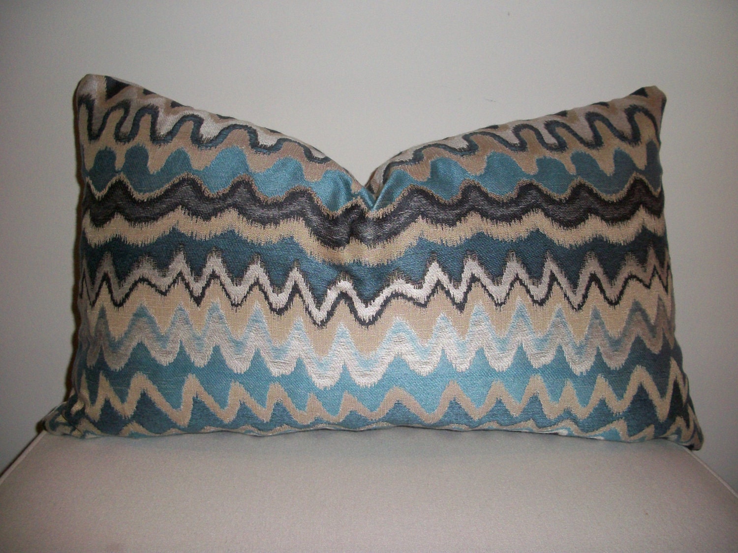13 x 22 Blue Cream and Tan Woven Ikat Designer Pillow Cover - Throw Pillow