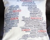 Throw pillow map of England Ireland Wales Scotland UK city names cushion cover black white red  16 x 16 inches olympics queens jubilee