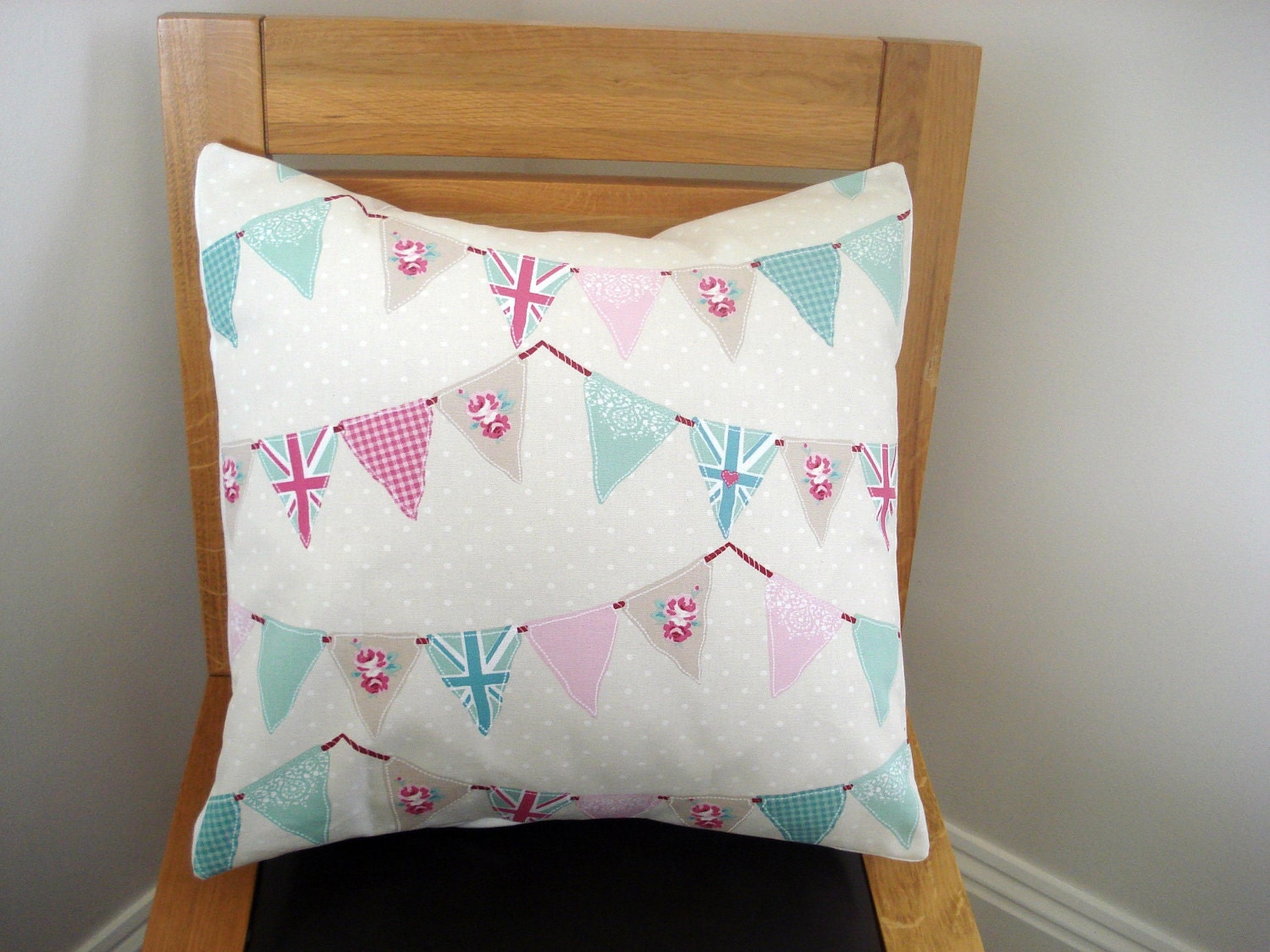Decorative pillow Queens Diamond  bunting union jacks nautical roses spots turquoise green red blue pink London 2012 16 inch cushion