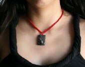 Black, white and red beaded necklace, Jasper pendant with cherry red dyed quartz bead necklace with chain