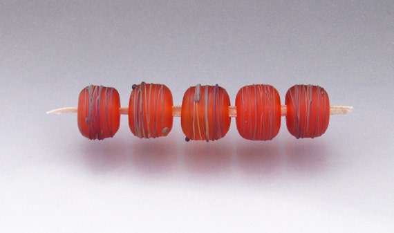 Lampwork glass bead set matte MADE to ORDER etched Orange Rainbow Cocoon Anne Londez SRA