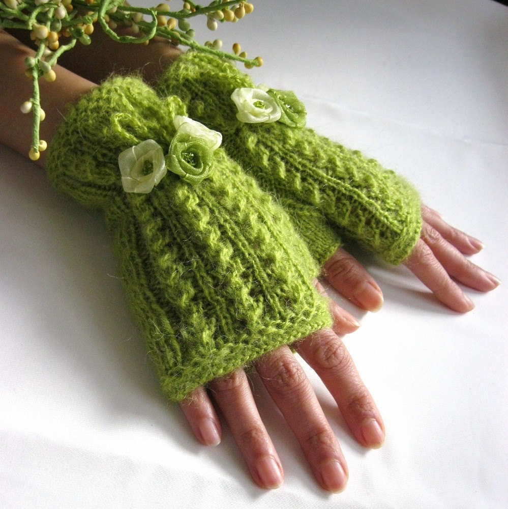 A SENSE OF SPRING... Lime Green Fingerless Gloves, Wool Mohair Mittens, Arm Warmers with ribbon flowers, Hand Knitted, Eco Friendly