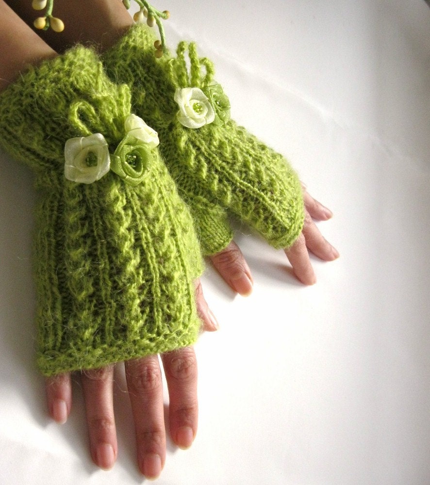 A SENSE OF SPRING...  Lime Green Fingerless Gloves, Wool Mohair Mittens, Arm Warmers with ribbon flowers, Hand Knitted, Eco Friendly