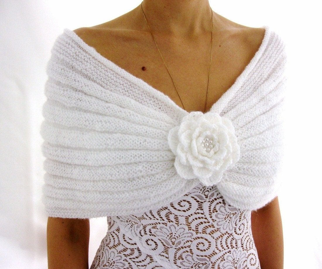 ROMANTIC WHITE...Handmade  Mohair Capelet with a Flower brooch