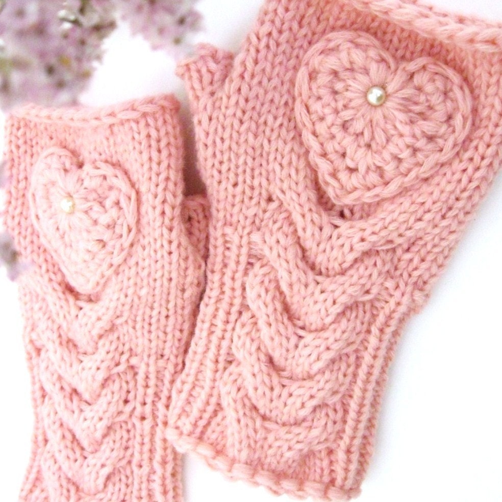 Pink Fingerless Wool Gloves with heart, Mittens, Arm Warmers , Hand Knitted, Eco Friendly