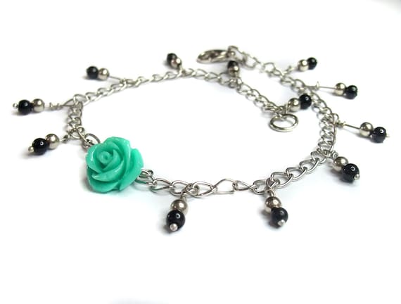 Green rose anklet metal - silver plated