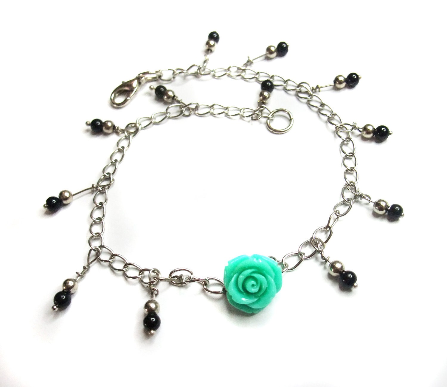 Green rose anklet metal - silver plated