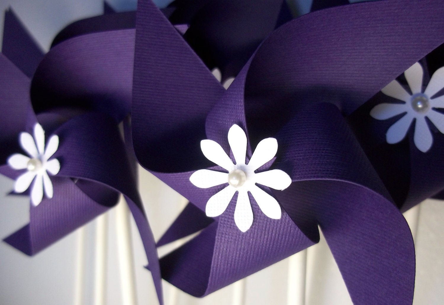 Handmade Purple Paper Pinwheels with White Flowers. Small Birthday Pinwheels. Decor & Favors (set of 12)