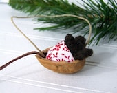 Christmas Mouse Ornament, Needle Felted Mouse Snuggled in Walnut Ornament - NobleEarth
