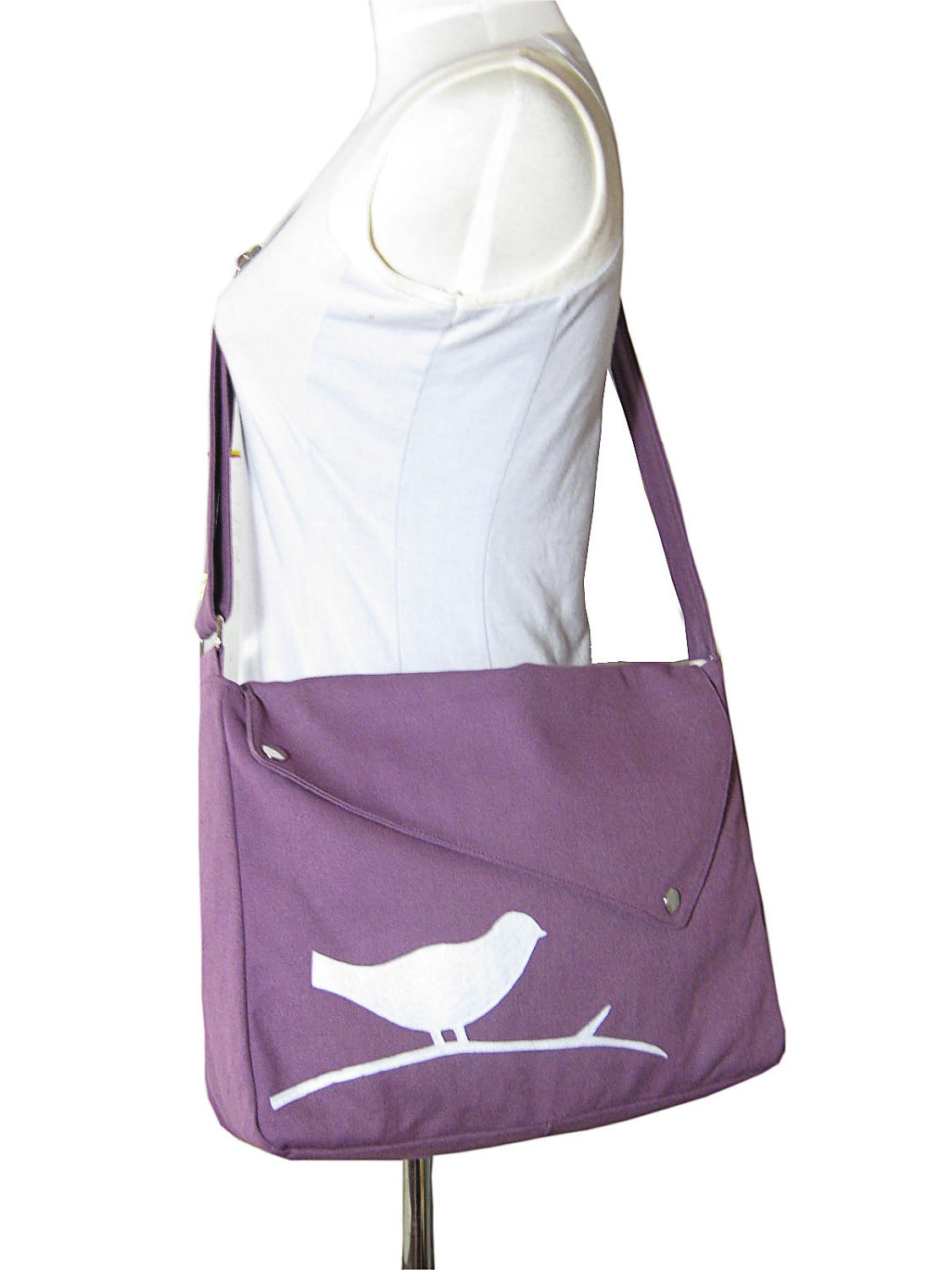 Purple cotton canvas messenger bag / shoulder bag / bird messenger /diaper bag / cross body bag