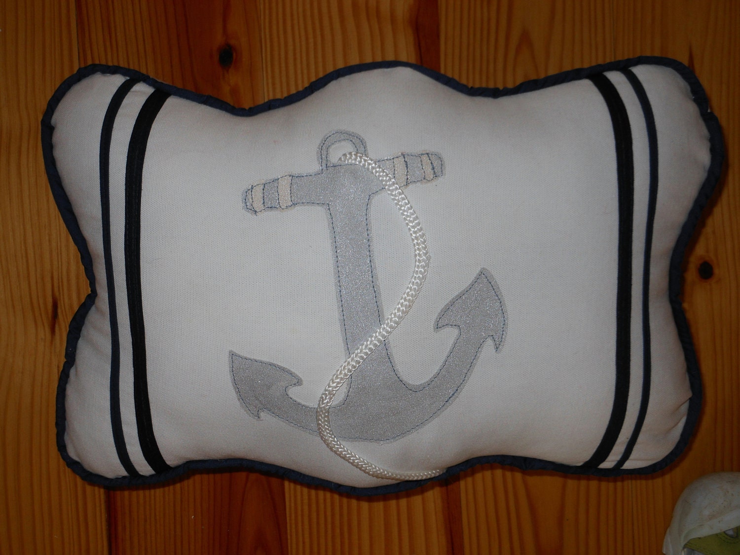 Anchors Away Pillow Navy Silver and White Coastal Living Decor