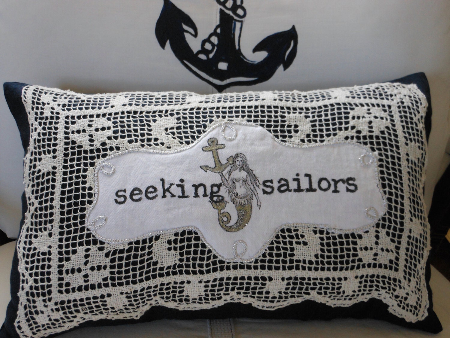 Nautical Mermaid Pillow "Seeking Sailors" Nautical Mermaid Pillow Navy and White