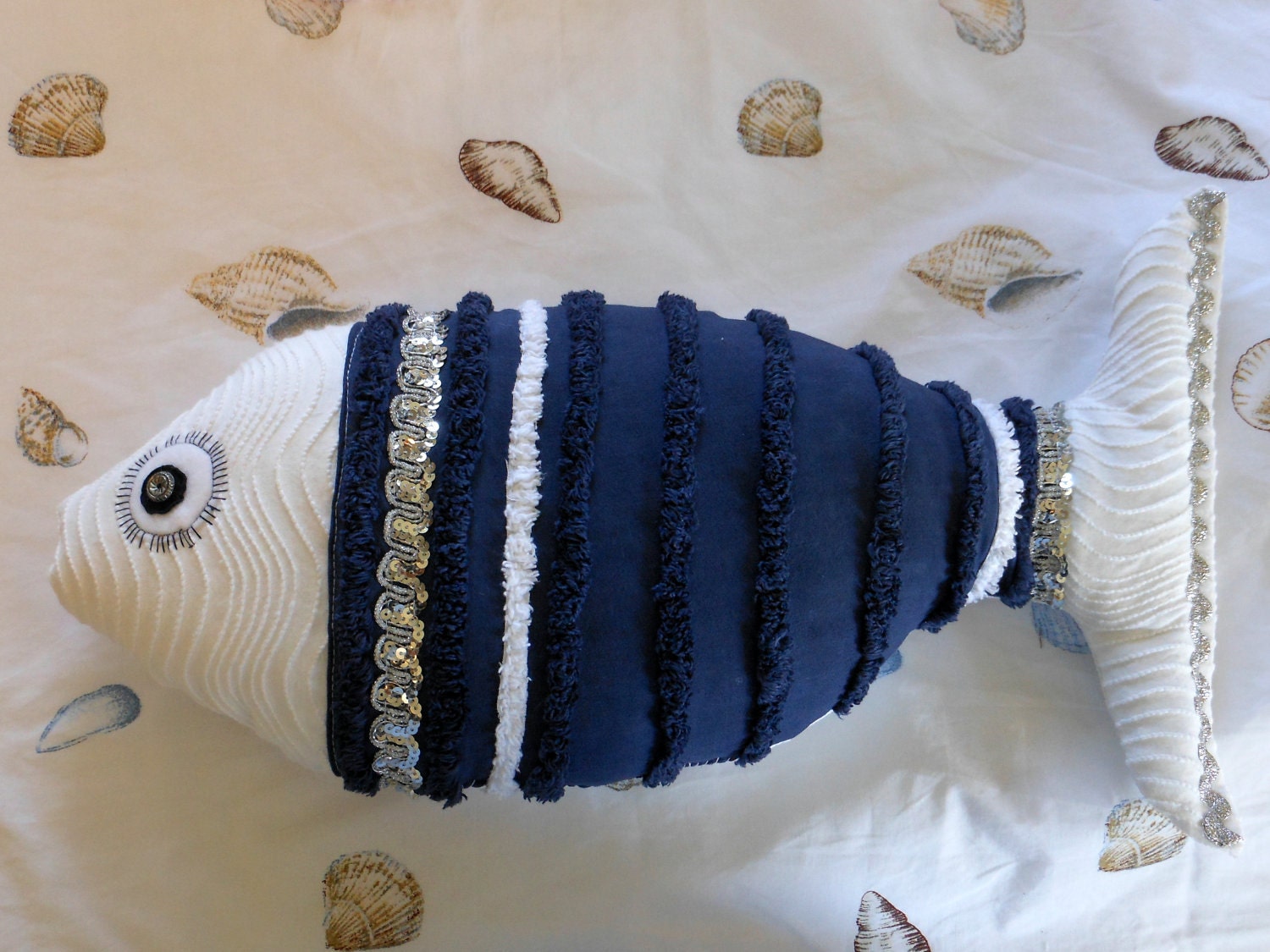 Chenille Fish Navy and White Pillow Under the Sea for Coastal Living by searchnrescue2