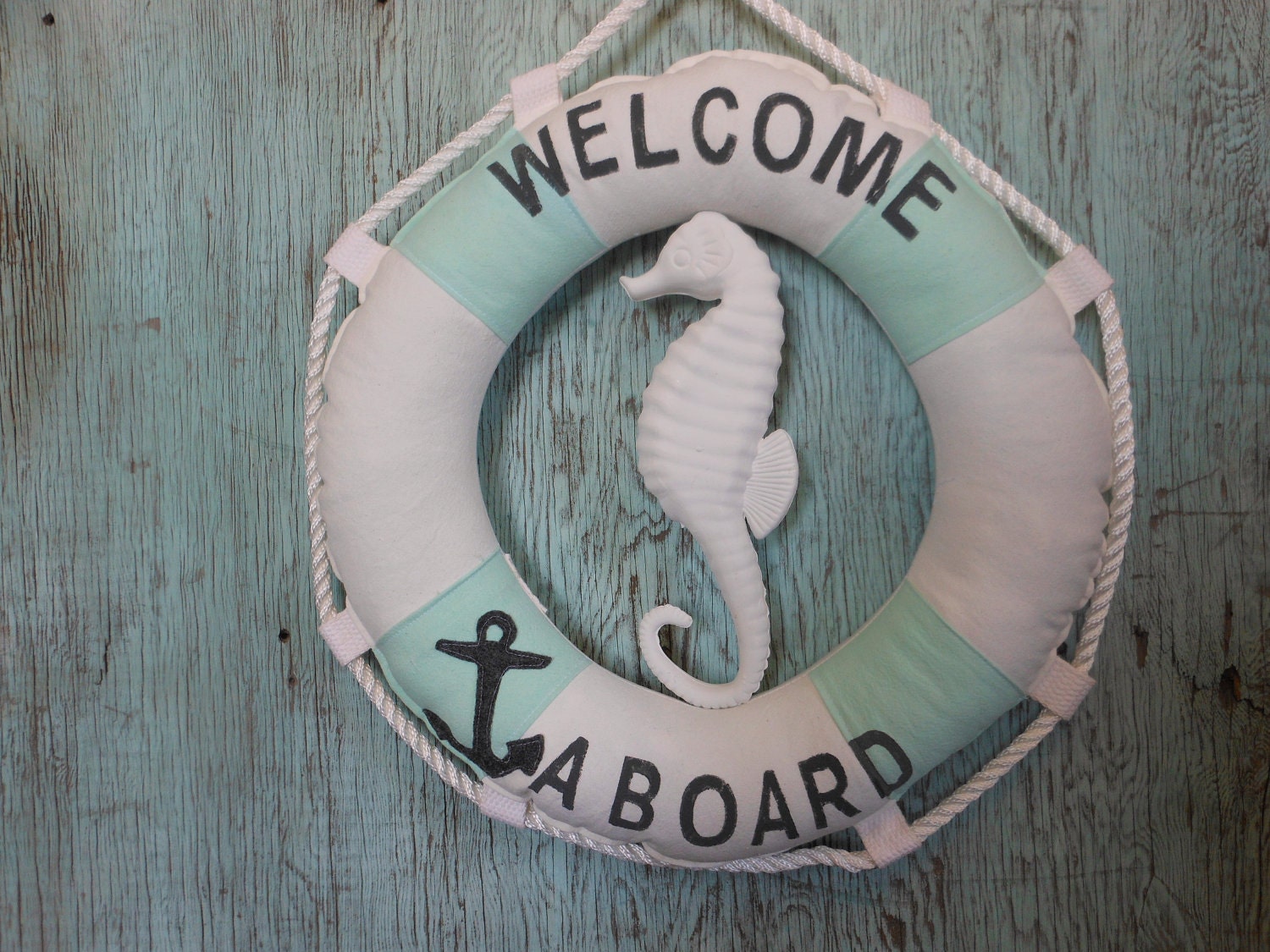 Welcome Aboard Sea Foam Green Life Ring Nautical Wreath for Coastal Living by searchnrescue2