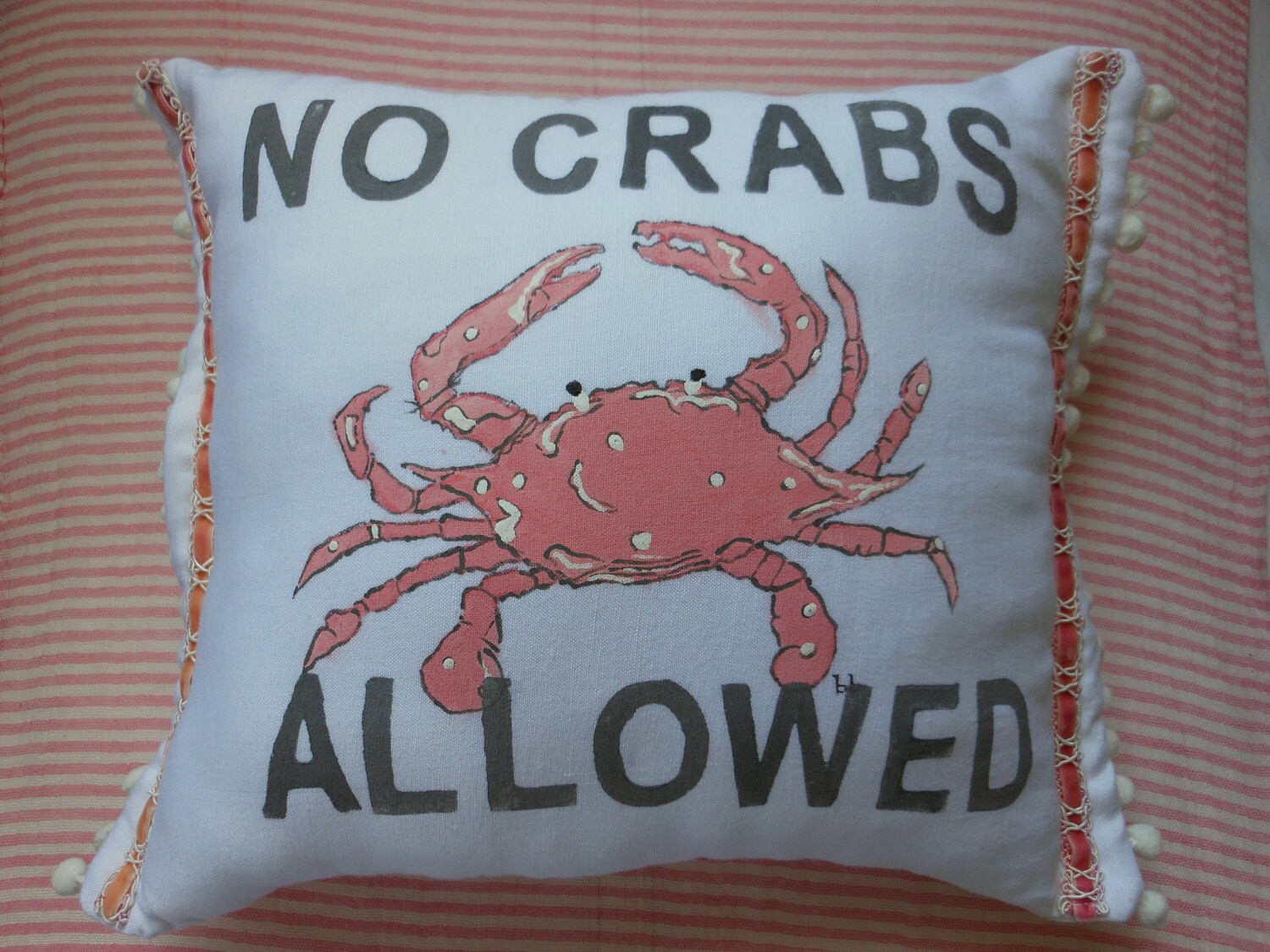 No Crabs Allowed-- Nautical Pillow Pink and White for your Beach Home by searchnrescue2