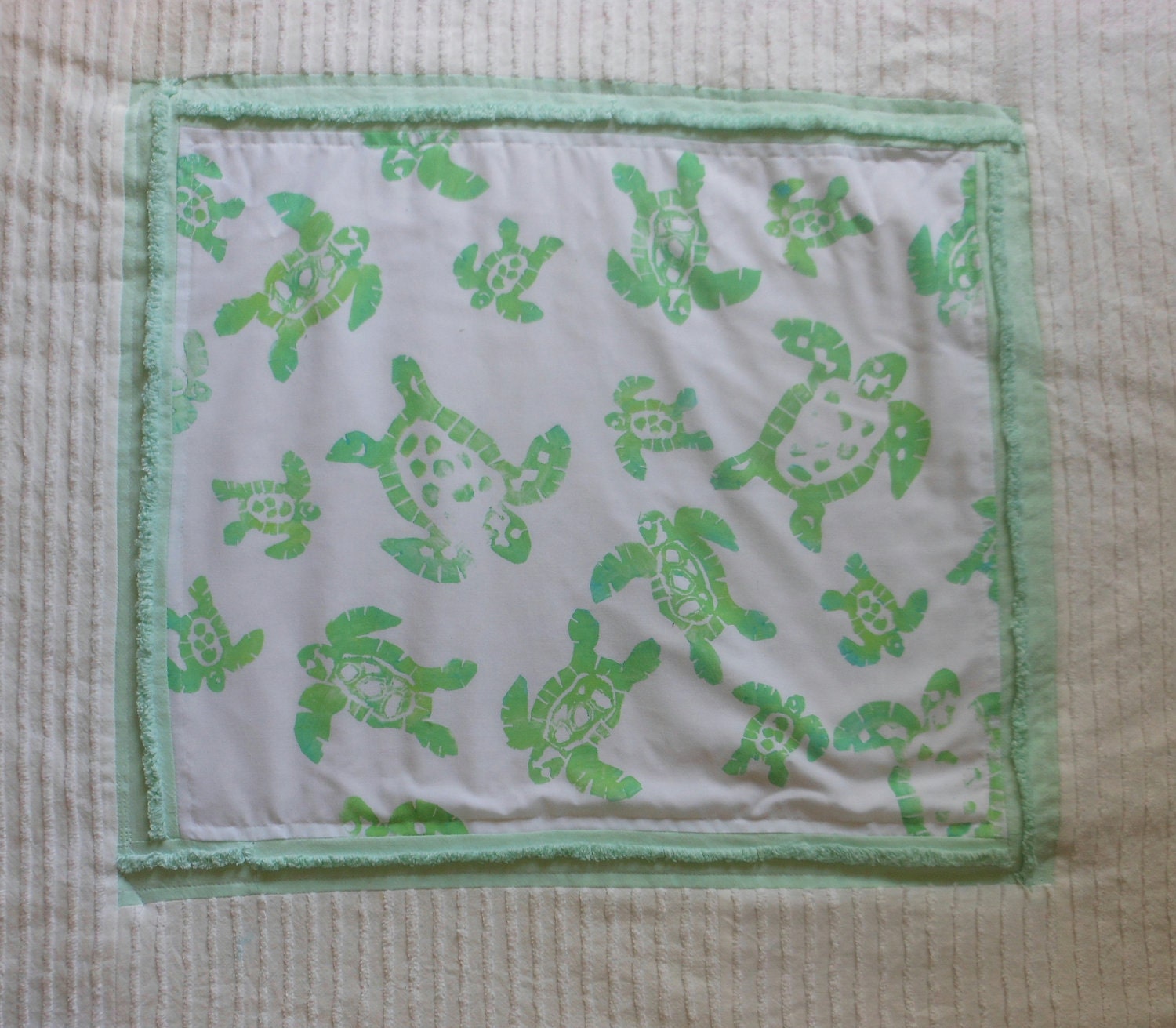 Sea Turtle/Chenille Baby Blanket. Vintage Nautical Nursery Greenand White by searchnrescue2