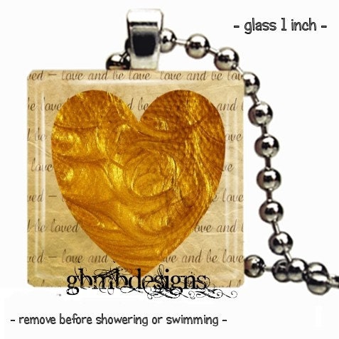 Golden heart Glass tile pendant -  Includes ball chain - Buy any 3 and get a 4th