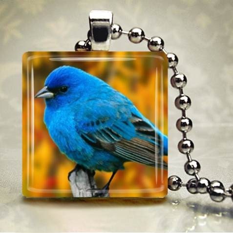 Blue Bird Necklace on Glass tile - Includes 925 plated over bronze chain - Buy any 3 and Get 1 more