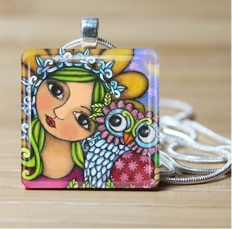 Glass tile Pendant Woman with Owl pendant - Includes 925 plated over bronze ball chain  - Buy any 3 and Get 1 Free - owl jewelry