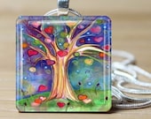 Glass tile pendant  Watercolor Colorful Tree Of Life Hearts Night Background -Includes Ball chain - Buy 3 and get 1 more