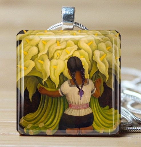 Lady with White flowers Necklace on Glass tile - Includes 925 plated over bronze chain  - Buy any 3 and Get 1 more