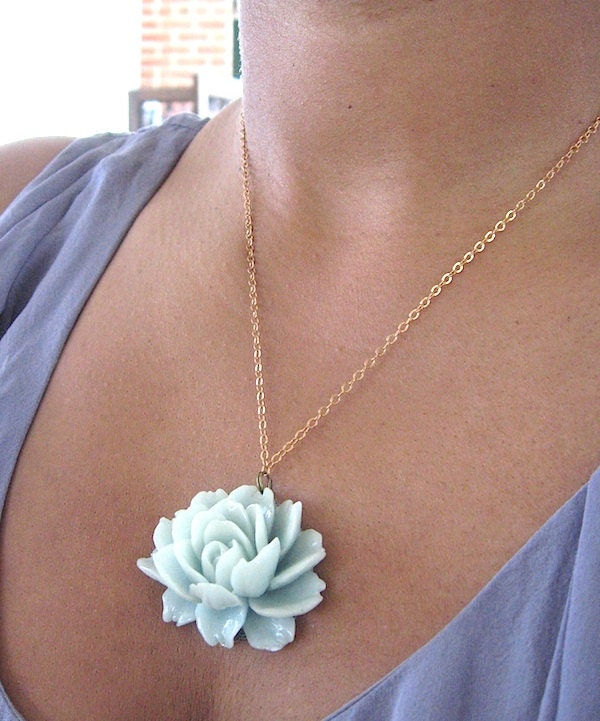 Victoria - Pastel Blue Rose Necklace - Vintage Style - Natural brass chain 18" long