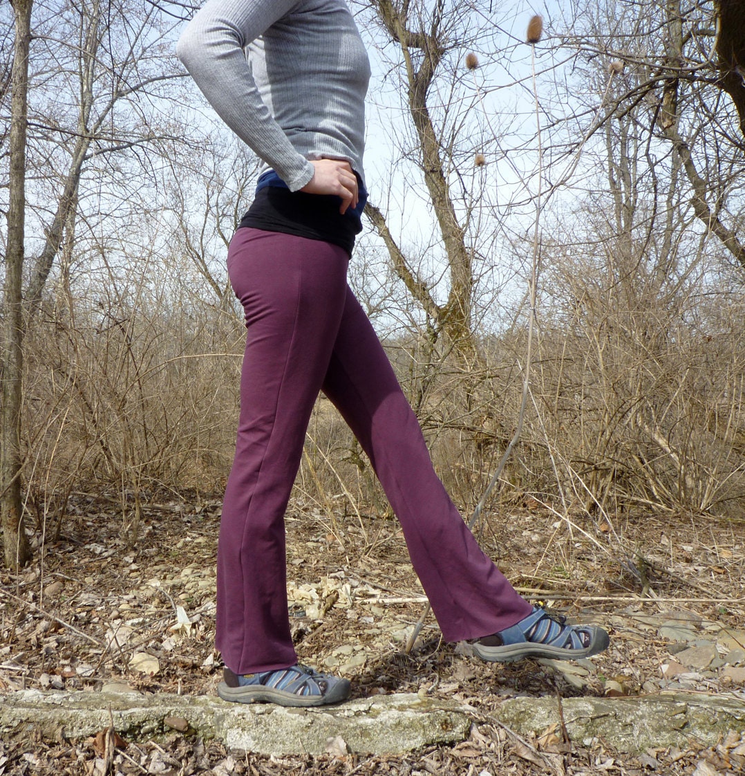 Organic Clothing - Boot Cut Yoga Pants - Organic Cotton - Shown in Plum with Black Waist - Made to Order