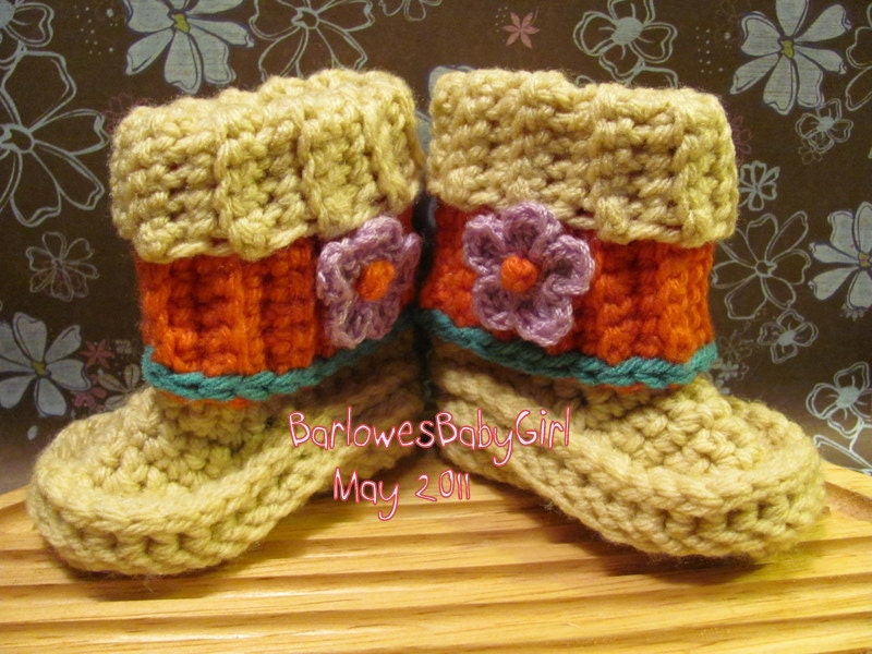 Buggs - Crocheted Ugg Inspired Booties w/ Detachable Band and Flower Accent in Heather and Coral