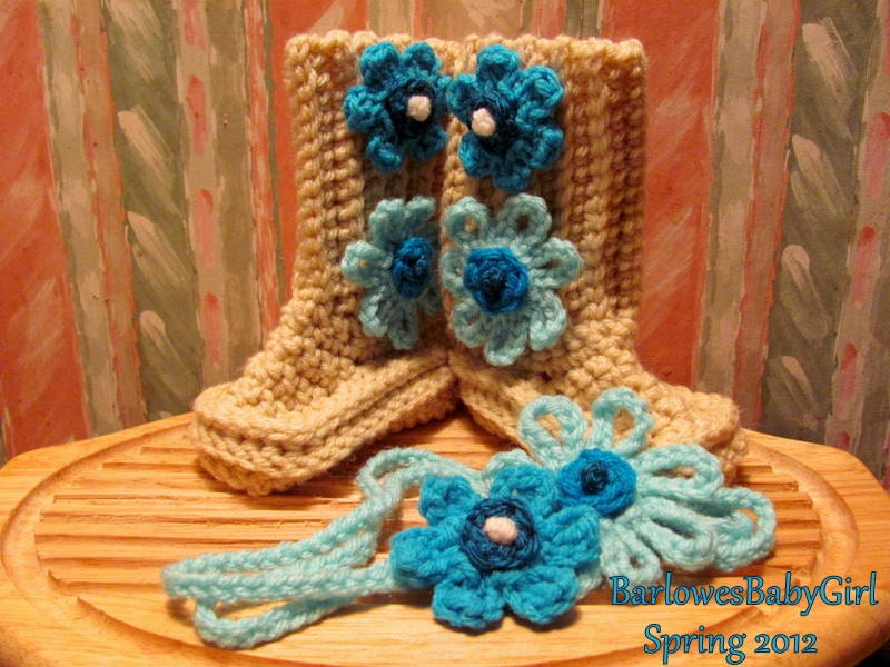 Buggs -  Crocheted Heather  Ugg Inspired Booties w/ Flower Detail  and Flower Headband in Aqua and Teal