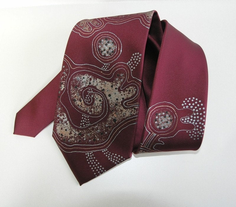 Men necktie red, hand painted neck tie burgundy, gift for men - Hand painted accessories OOAK ready to ship