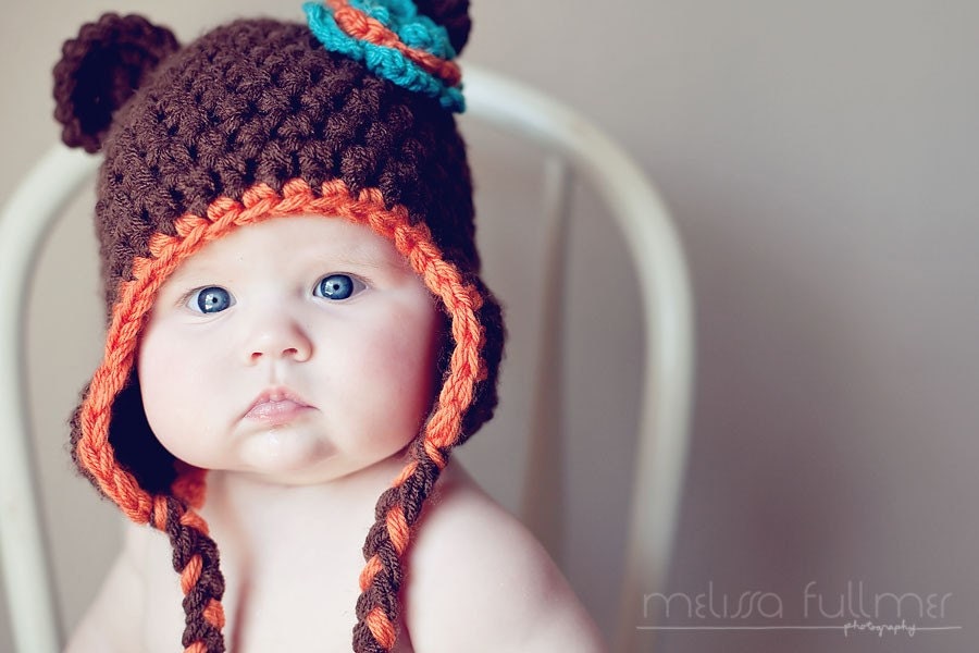 Teddy Bear Chunky Earflap Beanie Hat with detachable flower-Newborn Baby Photo Prop - choose your colors- 3 Sizes newborn to 12