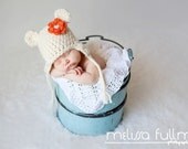 Infant Teddy Bear Earflap Beanie in cream or brown with detachable flower with tiny pearl heart- 3 sizes from Newborn to 12 months