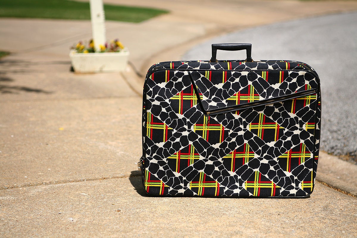 Vintage Canvas Suitcase with Mod Graphic Pattern, Amazing 1960s Luggage