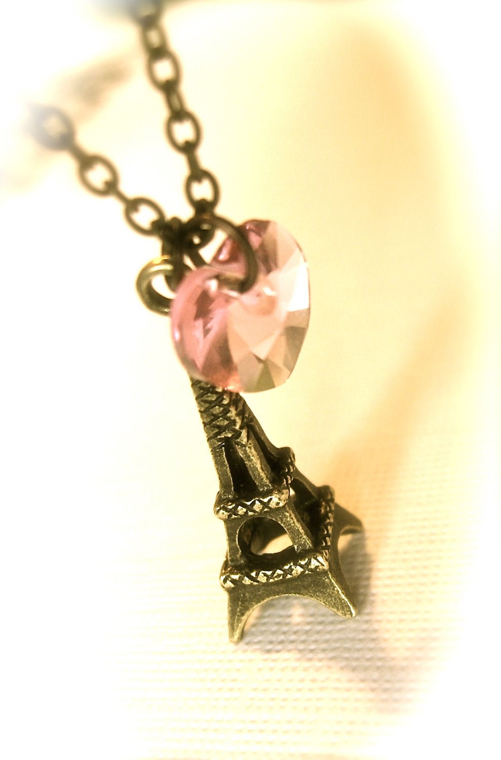 SPRING SALE, Romantic Eiffel Tower Necklace, Pink Swarovski Crystal Heart and Paris Eiffel Tower Charm in antiqued brass