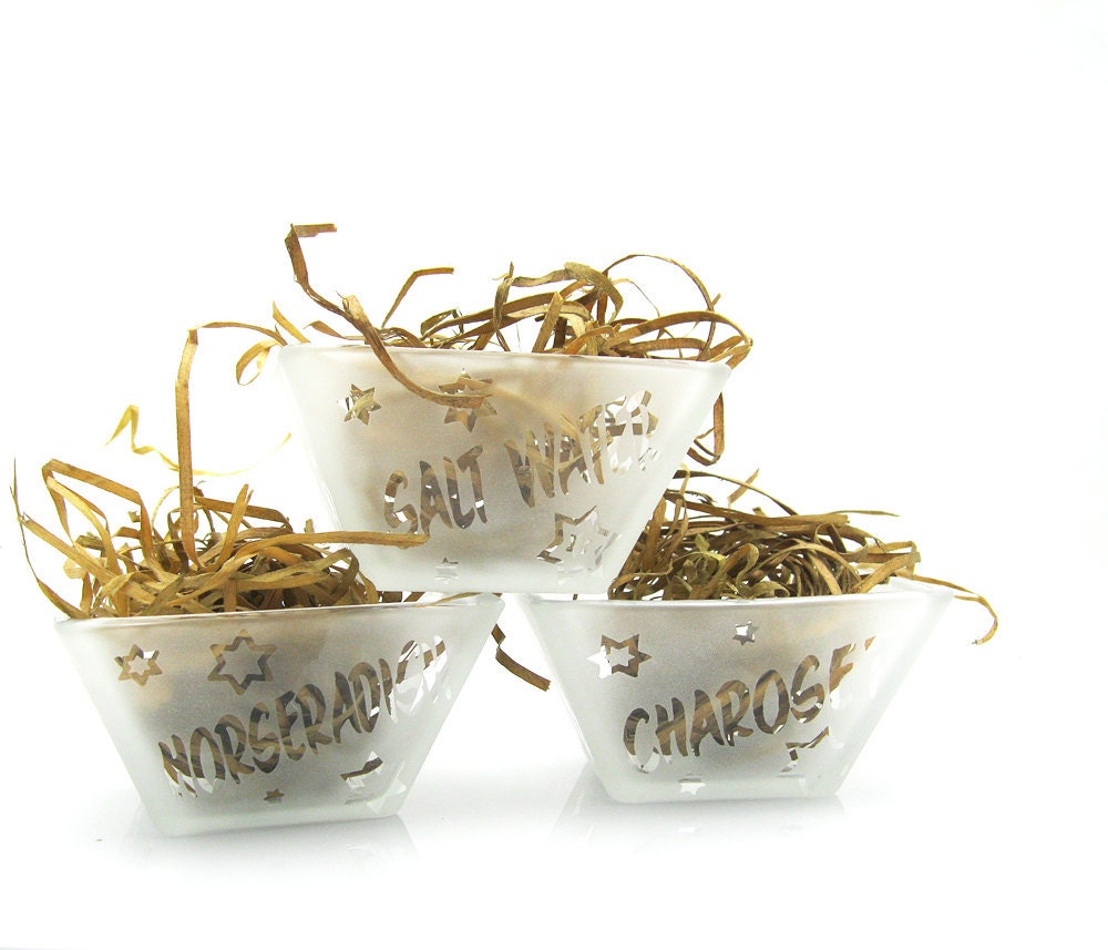 Passover Seder Set of Etched Glass Bowls For Charoset, Horseradish and Saltwater