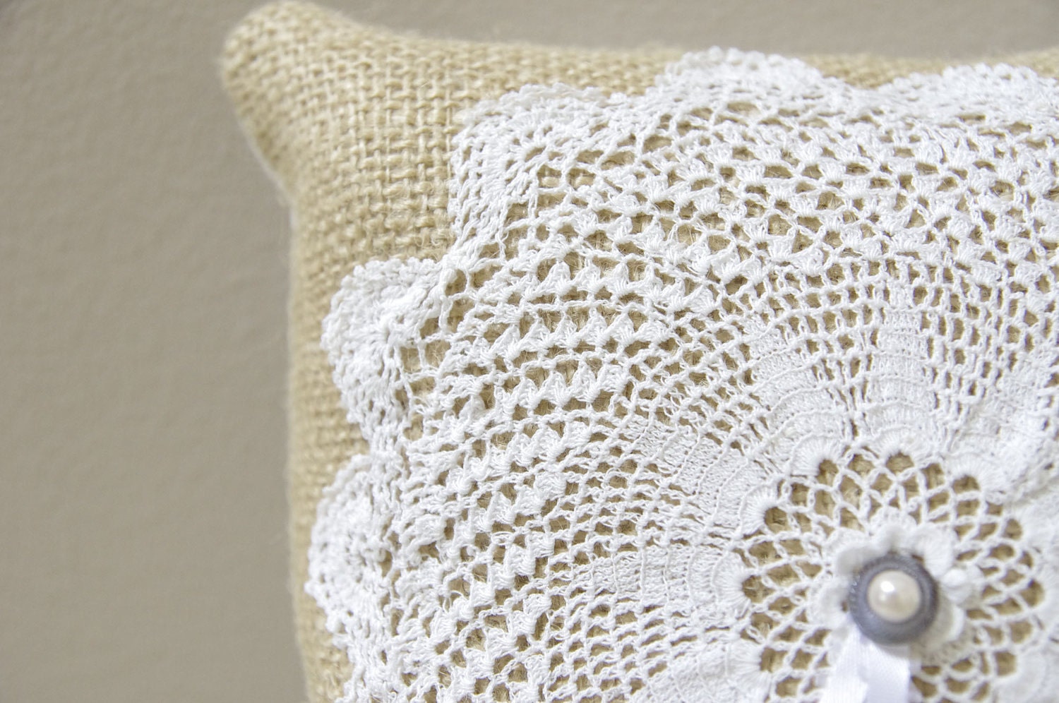 Doily Ring Bearer Pillow - Burlap pillow with white vintage doily with something blue pearl accent