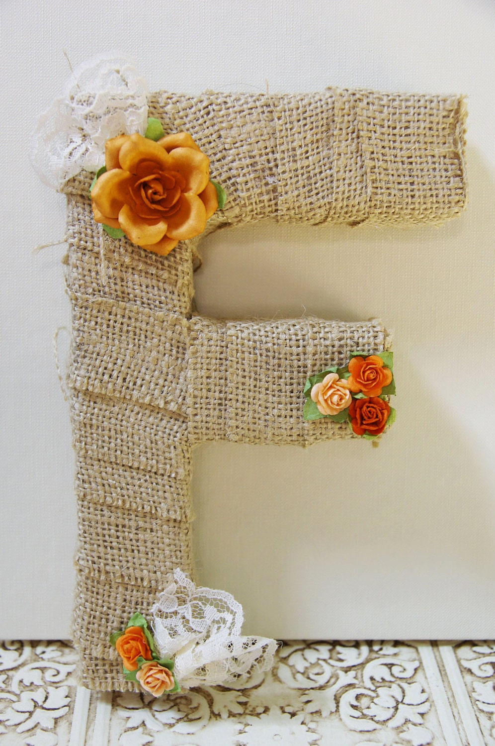 Burlap wrapped letter F - monogram, wedding decoration, cake topper, table centerpiece, photography prop